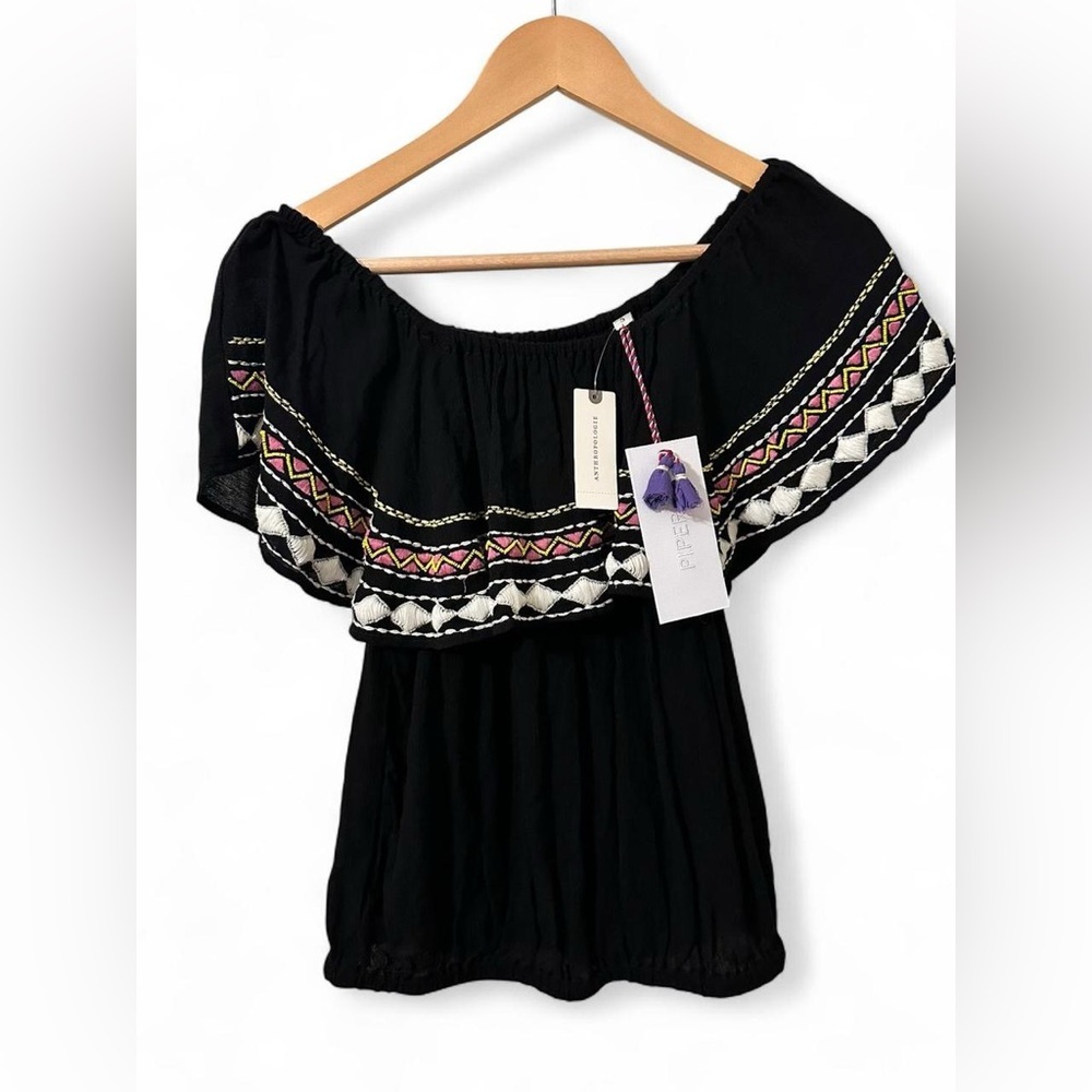 Anthropologie ‘ Piper by Townsend’ Black Embroidered Off-Shoulder Blouse